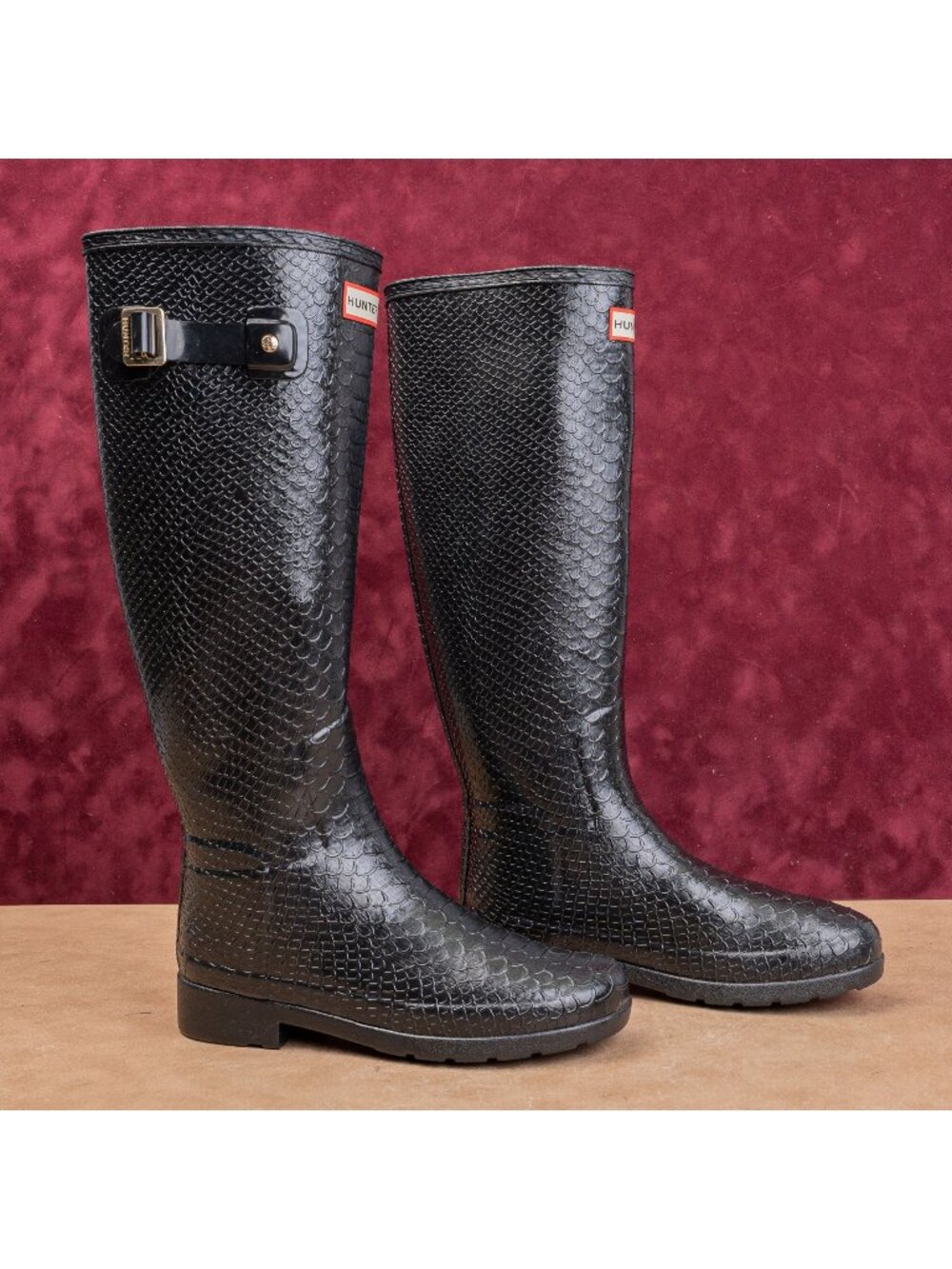Hunter Women Scale Texture Farm Barn Black Wellies Rain Rubber Boots 5US EUR36